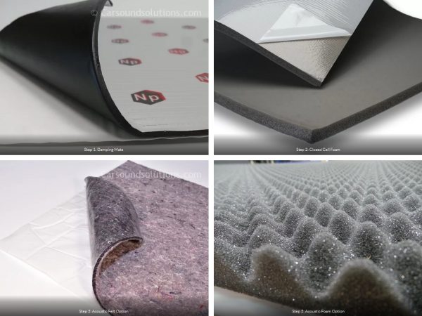 Sound deadening mat, ST-Mat, acoustic felt and acoustic foam side by side
