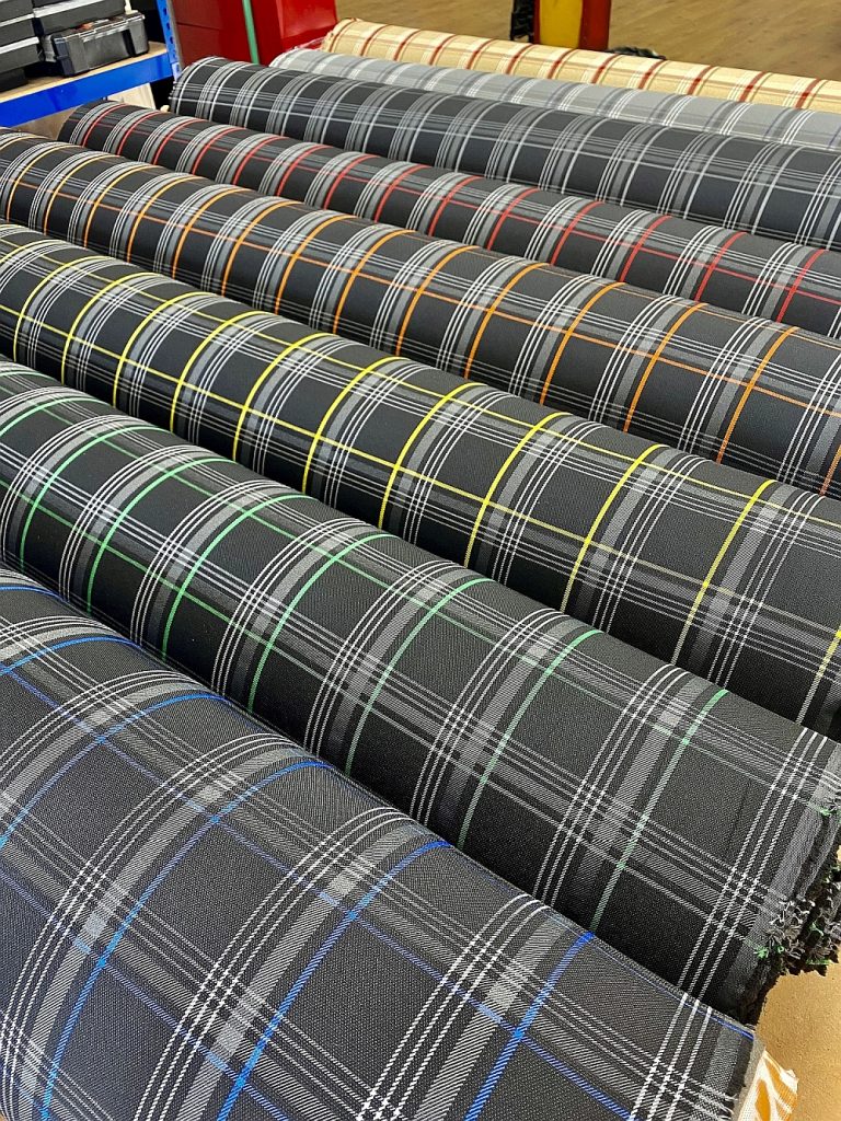 Automotive seat fabric swatches in assorted colours